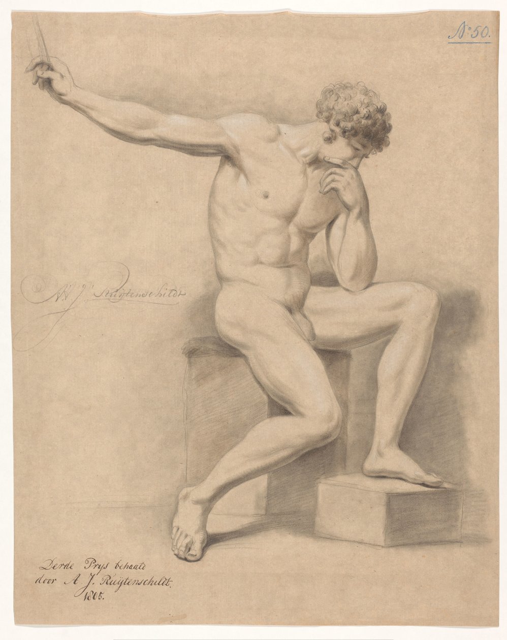 Ülő férfi akt, elölnézet (3. díj, 1805) alkotó: Abraham Johannes Ruytenschildt