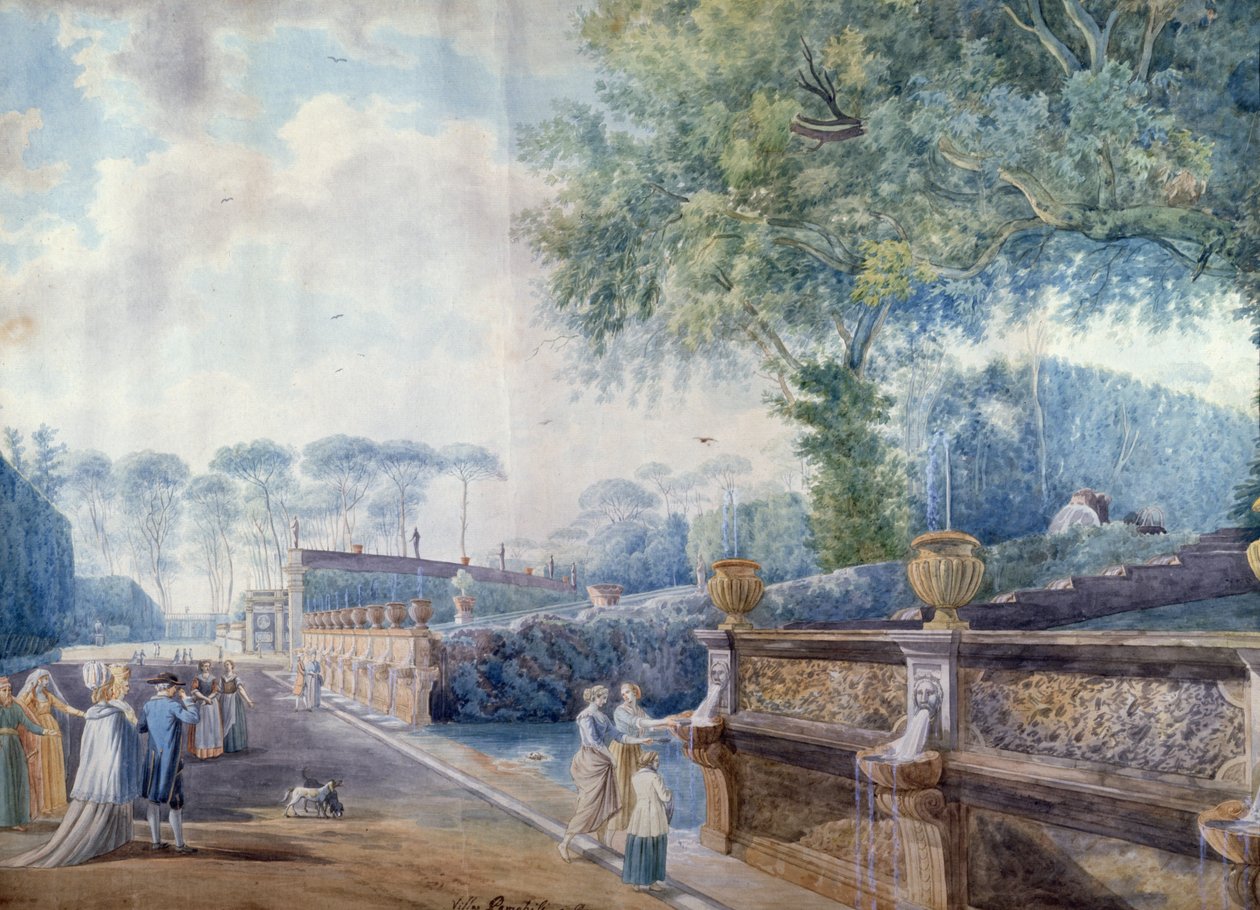 A Palazzo Doria Pamphilj kertje, Róma (toll, tus és akvarell) alkotó: Abraham L. Rudolph (attr. to) Ducros