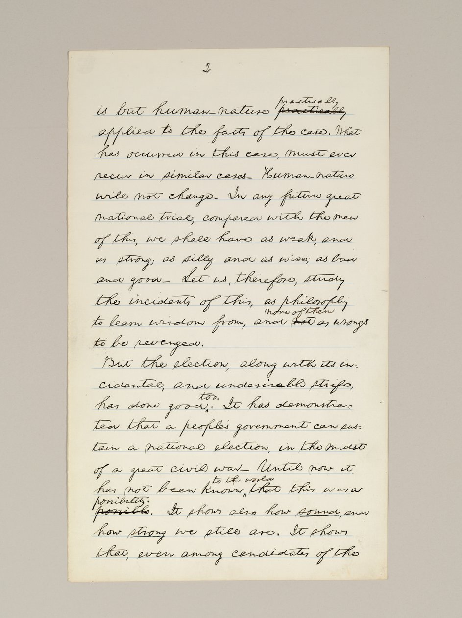 Lincoln elnökválasztási győzelmi beszédének autográf kézirata, amelyet Washington D.C.-ben mondott el a Fehér Ház ablakából november 10-én este alkotó: Abraham Lincoln