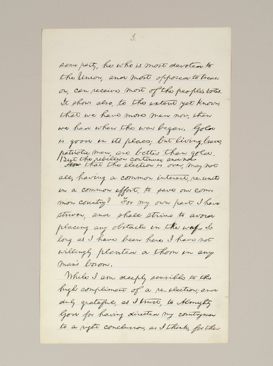 Lincoln elnökválasztási győzelmi beszédének autográf kézirata, amelyet Washington D.C.-ben mondott el a Fehér Ház ablakából november 10-én este alkotó: Abraham Lincoln