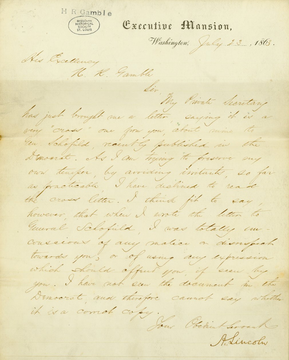 Levél A. Lincoln, Executive Mansion, Washington, Őexcellenciájának, H.R. Gamble -nek, 1863. július 23 -án alkotó: Abraham Lincoln