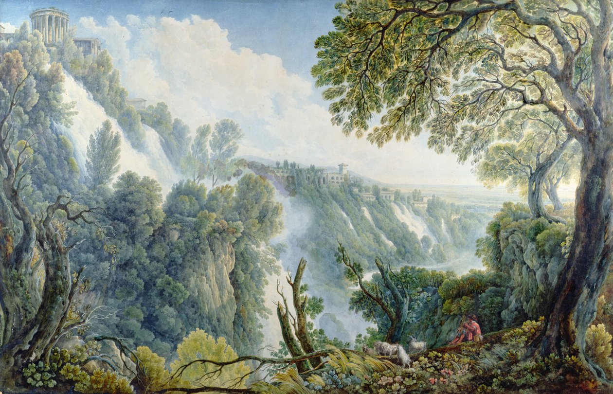 A Tivoli vízesés a Szibilla temploma alatt ülő férfival (toll, tus, wc, gouache) alkotó: Abraham Louis Rudolph Ducros