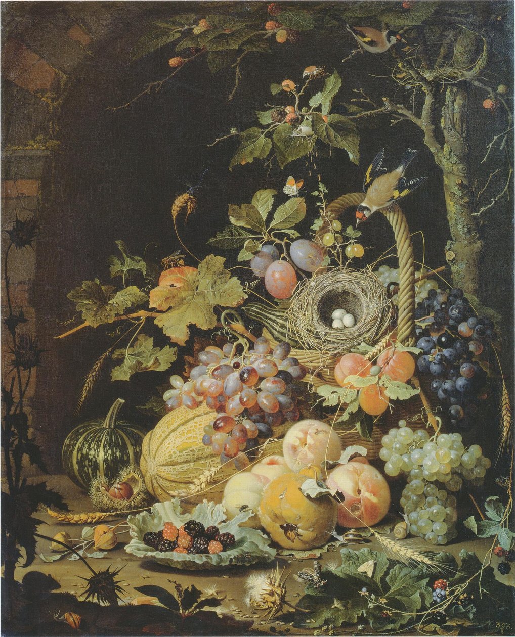 Német: Ein Vogelnest im Fruchtkorb Egy madárfészek egy gyümölcskosárban alkotó: Abraham Mignon