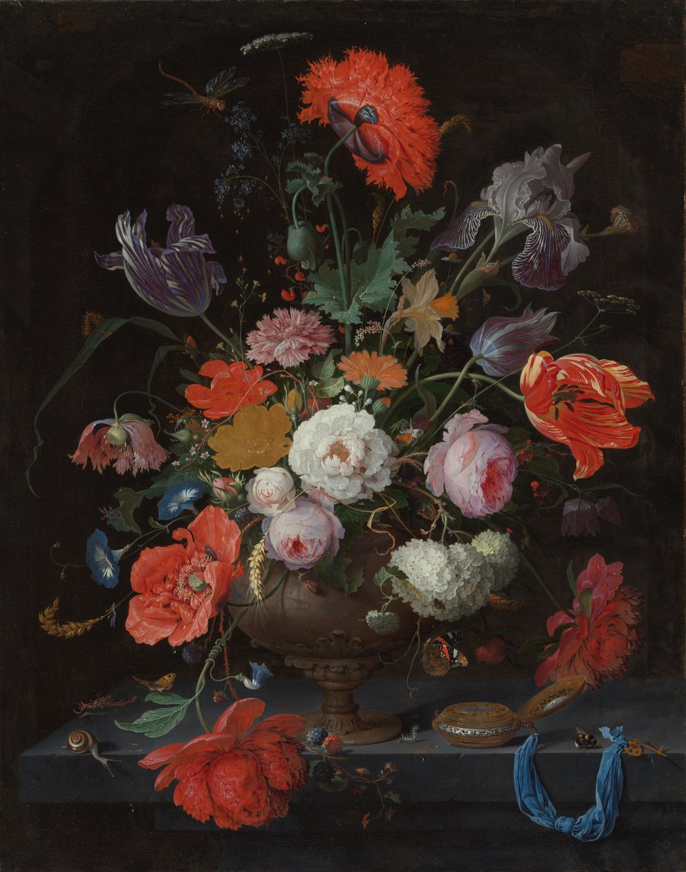 Csendélet virágokkal és órával, 1660-79 körül (olaj, vászon) alkotó: Abraham Mignon