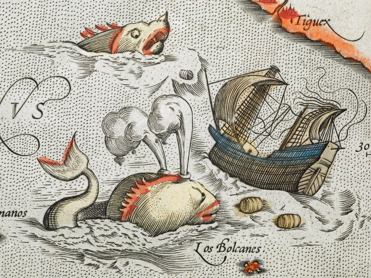 (Részlet). Tengeri szörnyek támadnak egy hajót. alkotó: Abraham Ortelius