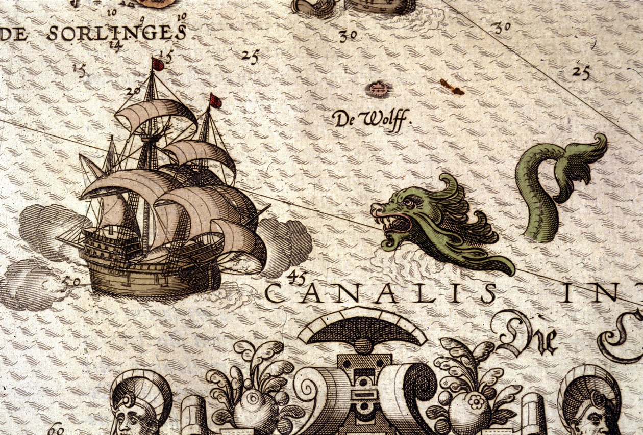Egy tengeri szörnyeteg egy galleont (karavellát) támad meg. Részlet egy térképről a "Theatrum Orbis Terrarum"-ban, Abraham Ortelius, Antwerpen 1584 alkotó: Abraham Ortelius