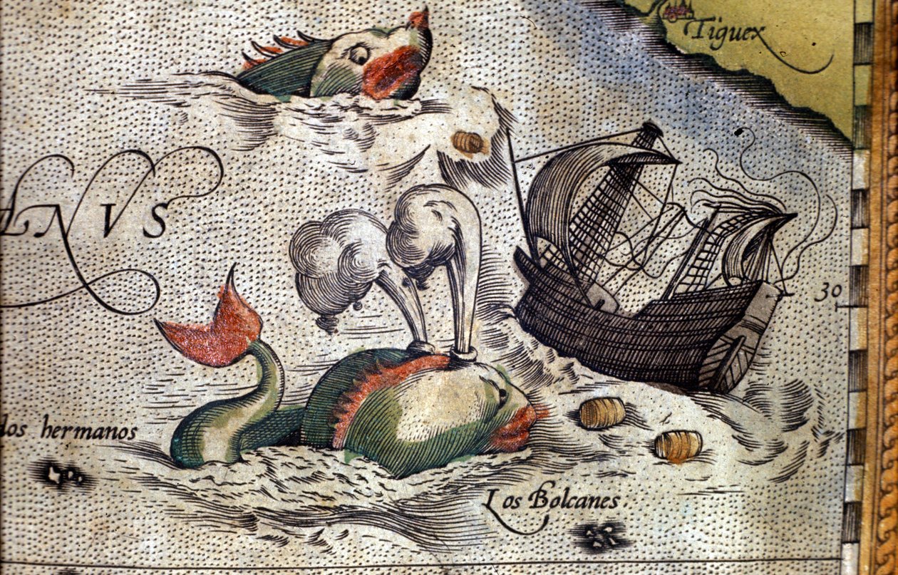 Egy bálna megtámad egy hajót. Tányér Abraham Ortelius (1527-1598) térképész "Theatrum Orbis Terrarum" kiadásából alkotó: Abraham Ortelius