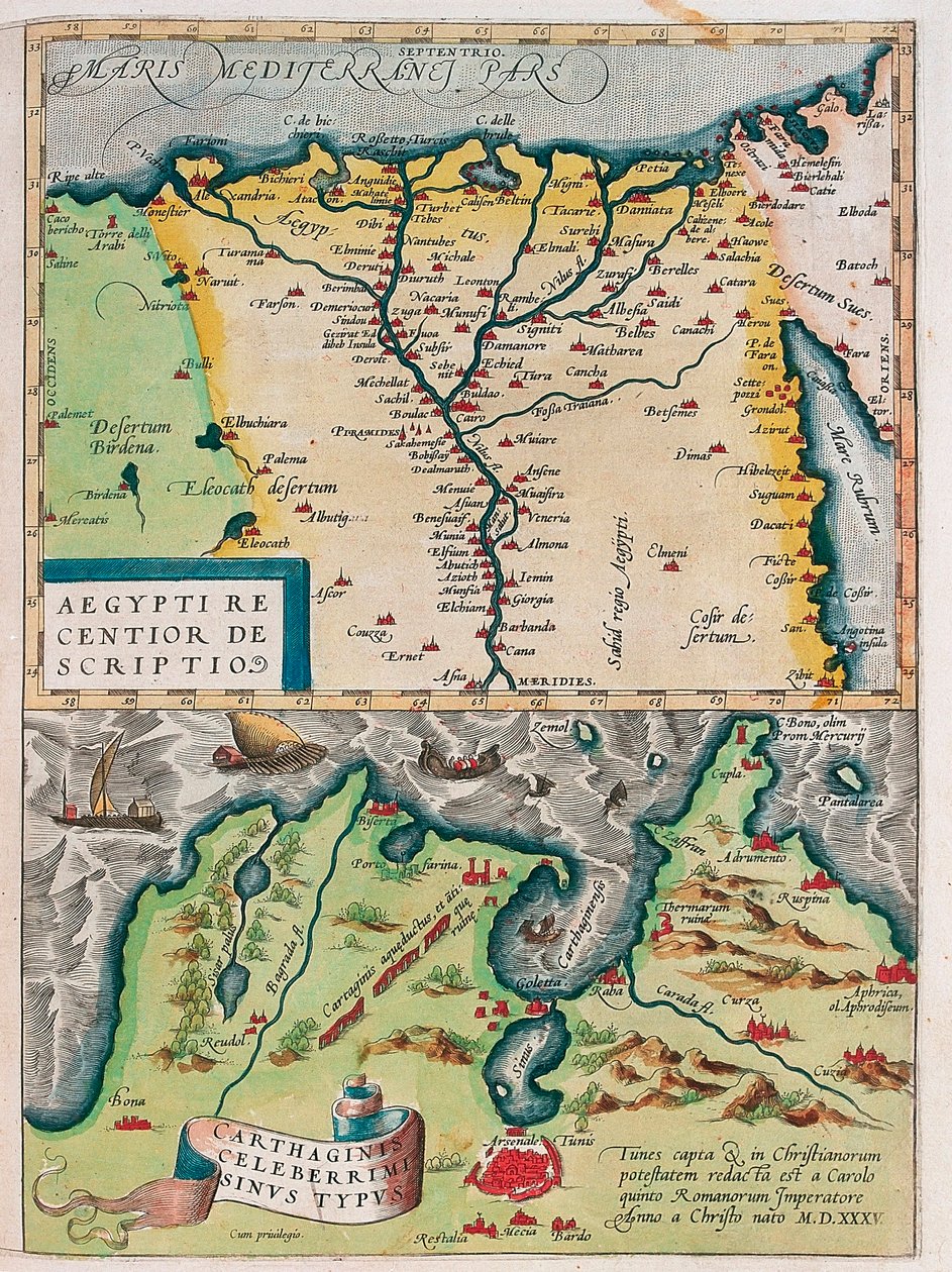 Egyiptom újabb leírása. - Carthage Bay típusú Egyiptom földrajzi térképe a Nílus és Karthágó városaival (Tunézia) Abraham Ortelius (Oertel, Ortell vagy Ortel) Theatrum Orbis Terrarumból alkotó: Abraham Ortelius