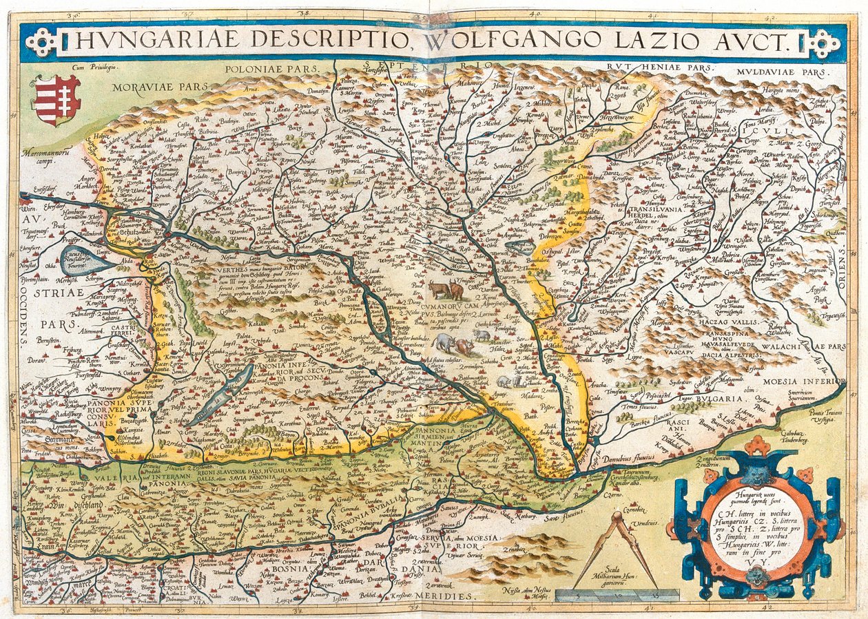 Ausztria, Szlovénia, Bosznia-Hercegovina, Szerbia, Románia, Csehország, Szlovákia, Magyarország, Nyugat-Ukrajna. alkotó: Abraham Ortelius