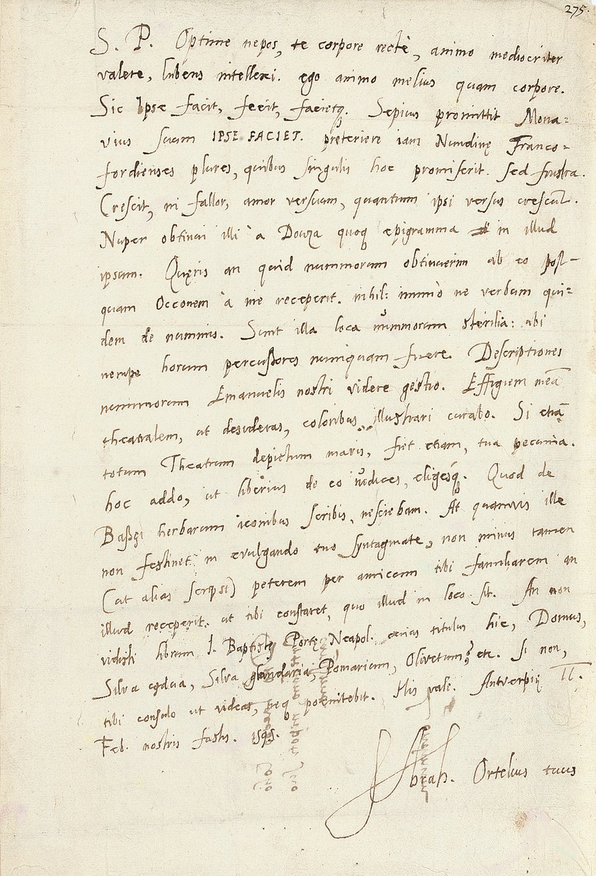 Unokaöccsének, Jacob Coolnak (Jacobus Colius) aláírt autogramlevél, Antwerpen, 1595. február 2. (toll és tinta papíron) alkotó: Abraham Ortelius
