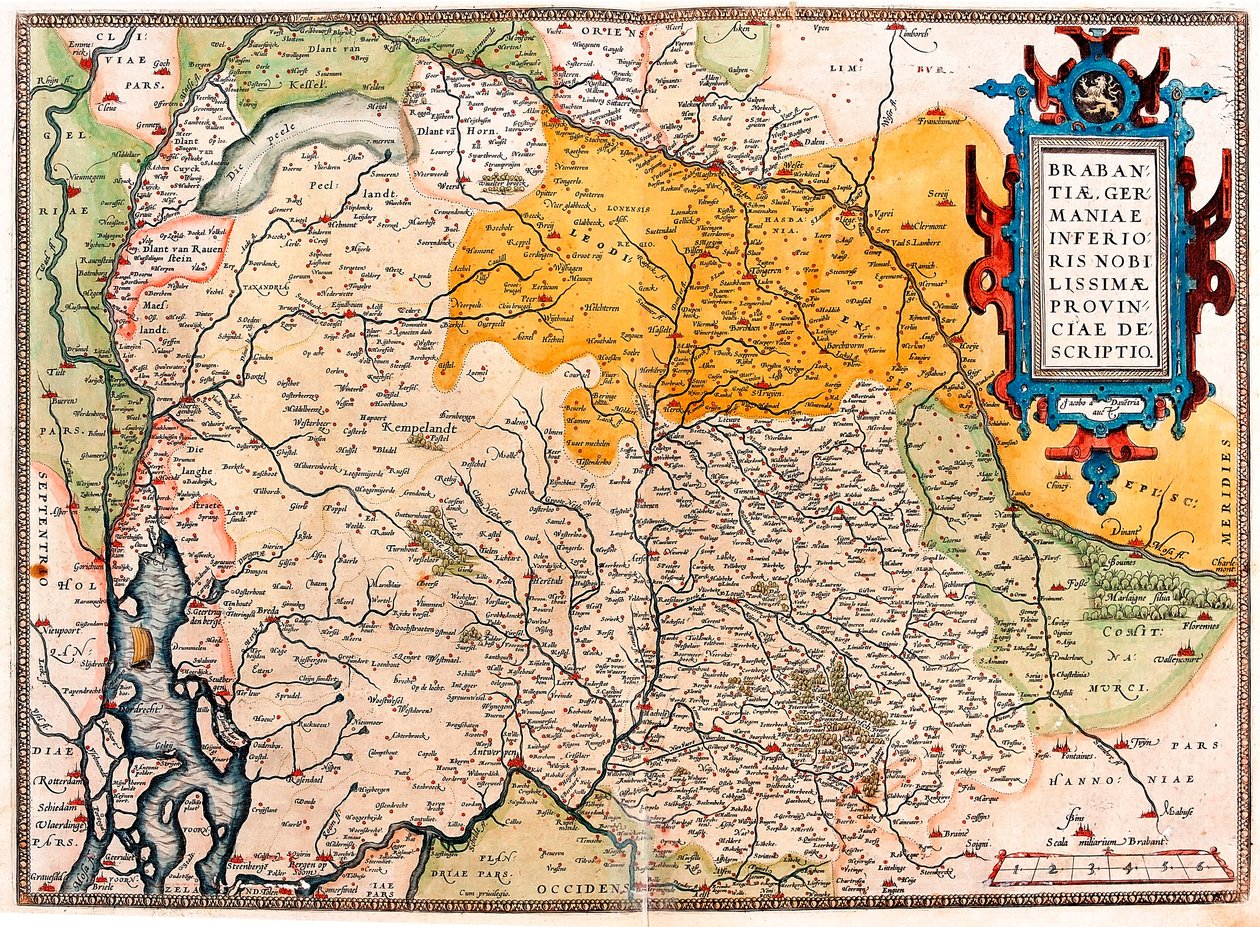 A Hollandiától délre fekvő terület földrajzi térképe germán (Kempeland), amelyet Abraham Ortelius (Oertel, Ortell vagy Ortel) a "Theatrum Orbis Terrarum"-ból vett alkotó: Abraham Ortelius