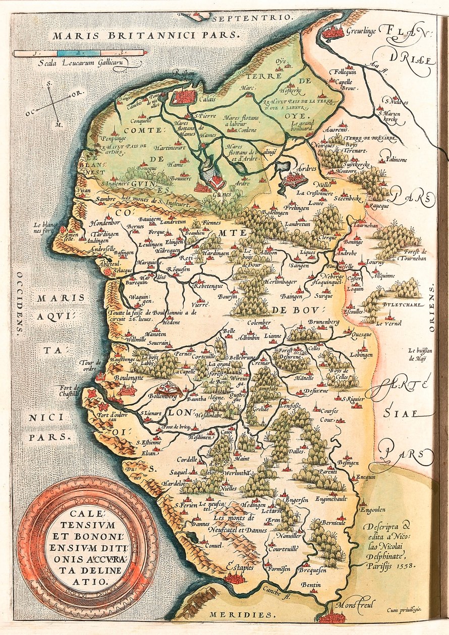 Caletensium et Bononiensium Ditionis Accurata Delineatio Boulonnais terület (Comte de Boulogne), Artois és Francia Flandria (Franciaország) földrajzi térképe, beleértve Calais, Arches, Greuelinge, Etaples és Montreuil helyeit... a „Theatrum Or”-ból átvéve alkotó: Abraham Ortelius