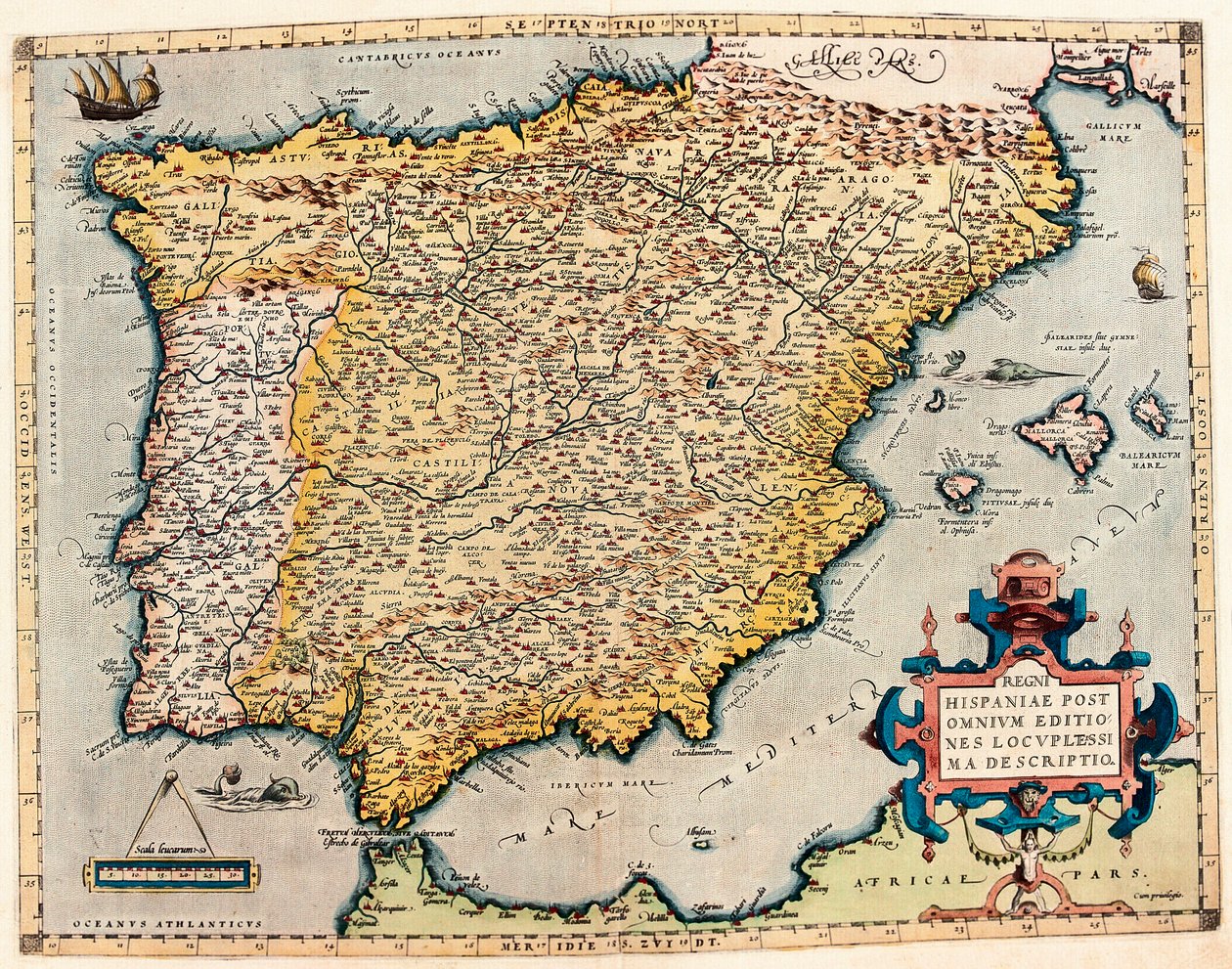 Spanyolország leírása. Földrajzi térkép Abraham Ortelius (1527-1598) "Theatrum Orbis Terrarum"-ból alkotó: Abraham Ortelius