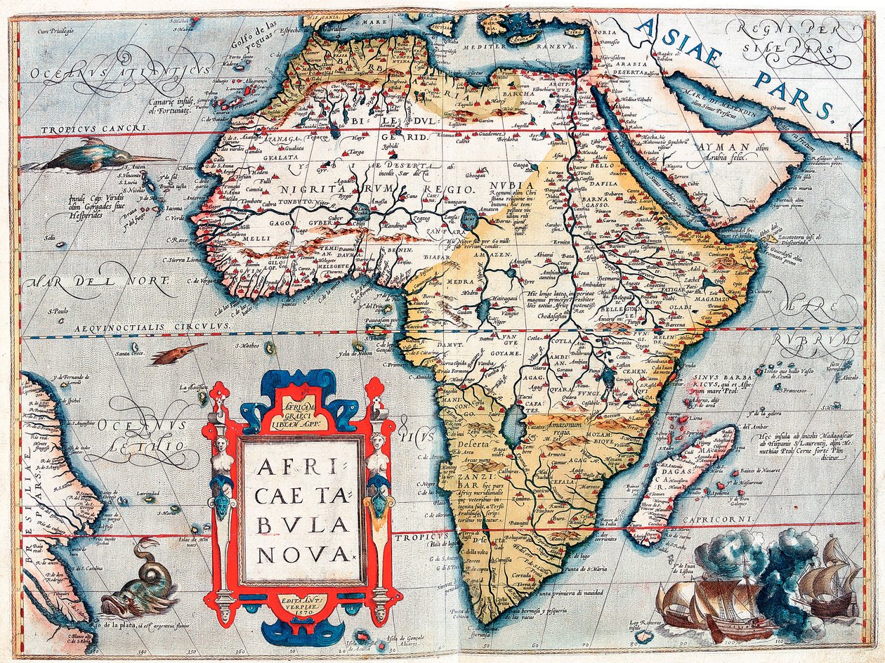 Az afrikai kontinens leírása. Földrajzi térkép Abraham Ortelius (1527-1598) "Theatrum Orbis Terrarum"-ból alkotó: Abraham Ortelius
