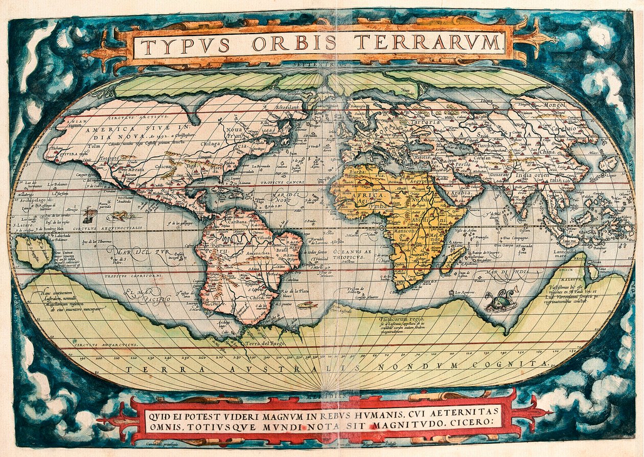 Földtérkép (világtérkép) Abraham Ortelius (1527-1598) "Theatrum Orbis Terrarum" földrajzi térképe alkotó: Abraham Ortelius