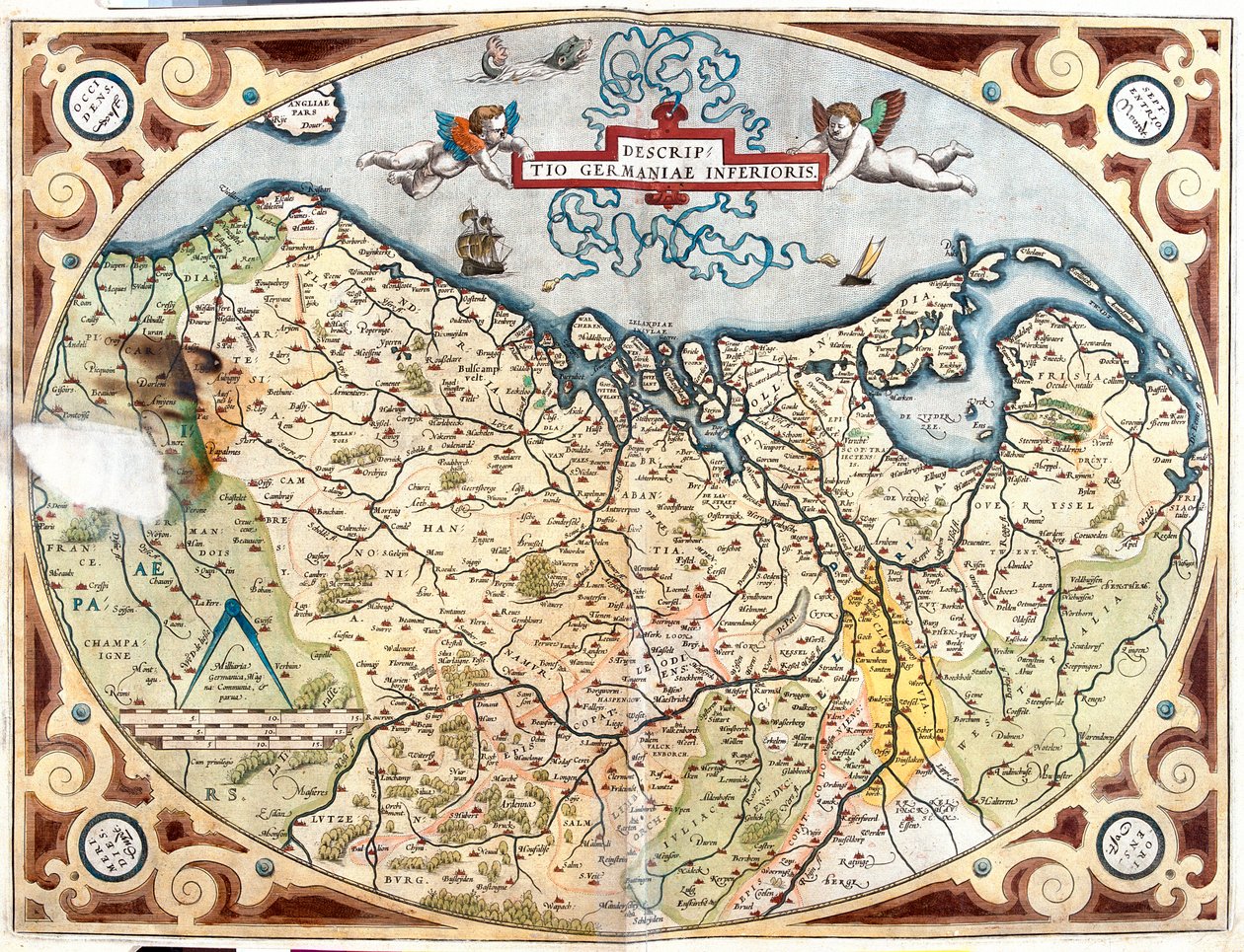 Franciaország (régió: Franciaország: Felső-Normandia, Picardia, North-pas de Calais, Ile-de-France, Champagne-Ardenne, Lotaringia), Belgium, Hollandia, Németország (tartomány: Alsó-Szászország, Észak-Rajna-Vesztfália, Rajna-vidék-Pfalz, Saar-vidék), Luxemb alkotó: Abraham Ortelius