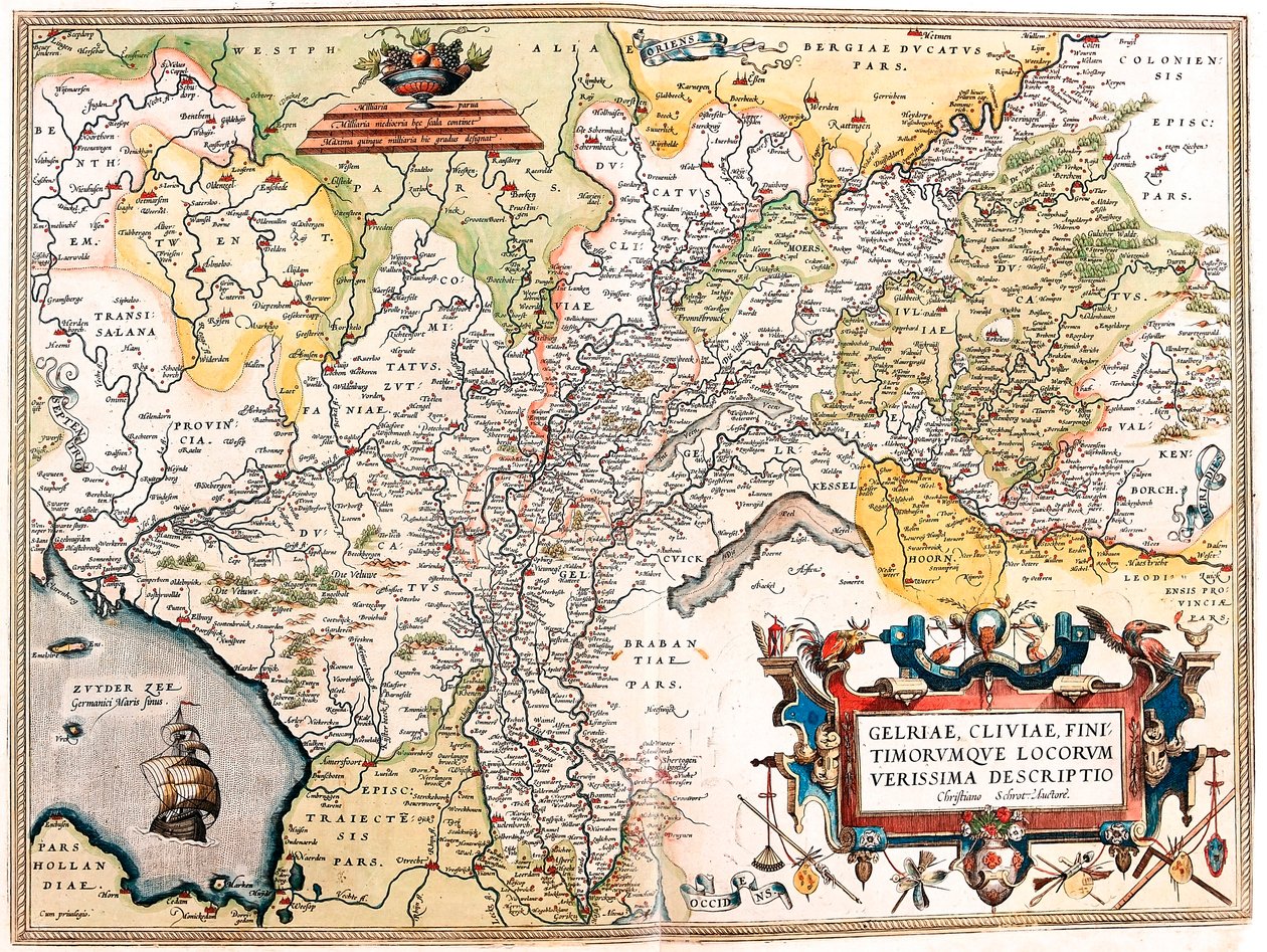 Gelriae, Cliviae, Finitimorum Qe Locos Verissima Leírás Christiana Schrot A Szerző által Német Hollandia területének földrajzi térképe Abraham Ortelius (Oertel, Ortell vagy Ortel) "Theatrum Orbis Terrarum"-ból alkotó: Abraham Ortelius