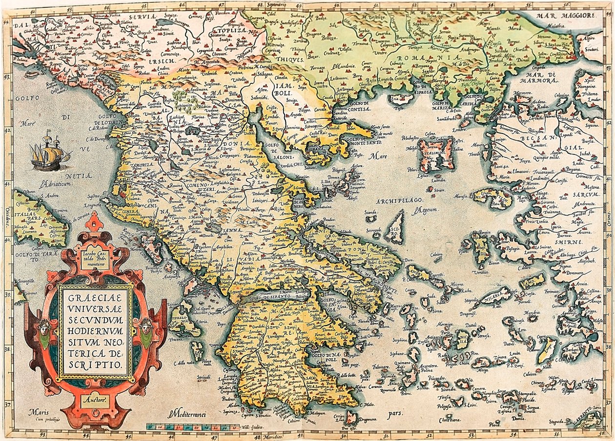 Görögország területének földrajzi térképe a Peloponnészosszal és a szigetekkel, amelyet Abraham Ortelius (Oertel, Ortell vagy Ortel) a Theatrum Orbis Terrarumból vett alkotó: Abraham Ortelius