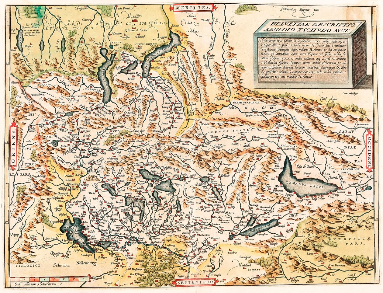 Helvetiae Leírás Aegidius Tschudo Auct. A svájci és francia Alpok földrajzi térképe, beleértve a "Theatrum Orbis Terrarum" tavait, Abraham Orteliustól (Oertel, Ortell vagy Ortel alkotó: Abraham Ortelius
