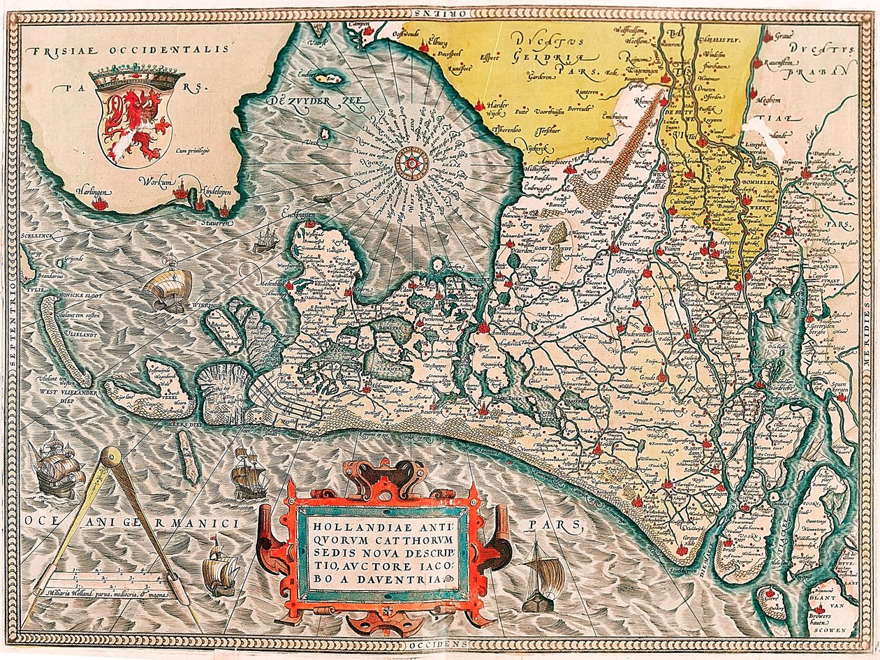 Hollandia antiquorum catthorum sedis nova descriptio, auctore Jacobo a daventria Földrajzi térkép Hollandia területén Amszterdam és Haarlem városaival... átvette Abraham Ortelius (Oertel, Ortell vagy Orte) "Theatrum Orbis Terrarum"-jából alkotó: Abraham Ortelius