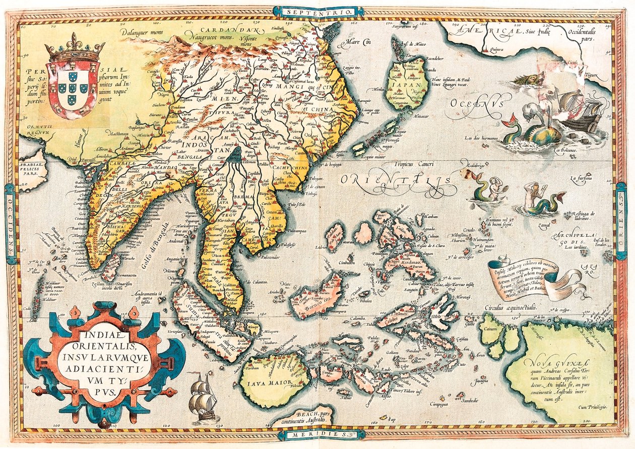 A Kelet-indiai Társaság. Kelet-India és délkelet-ázsiai terület földrajzi térképe Abraham Ortelius (Oertel, Ortell vagy Ortel) Theatrum Orbis Terrarumból alkotó: Abraham Ortelius