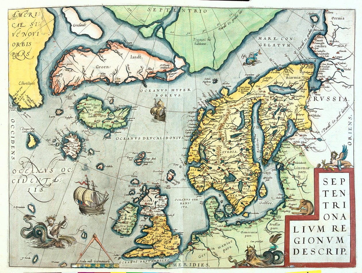 Írország, Nagy-Britannia, Izland, Norvégia, Svédország, Finnország, Grönland. alkotó: Abraham Ortelius
