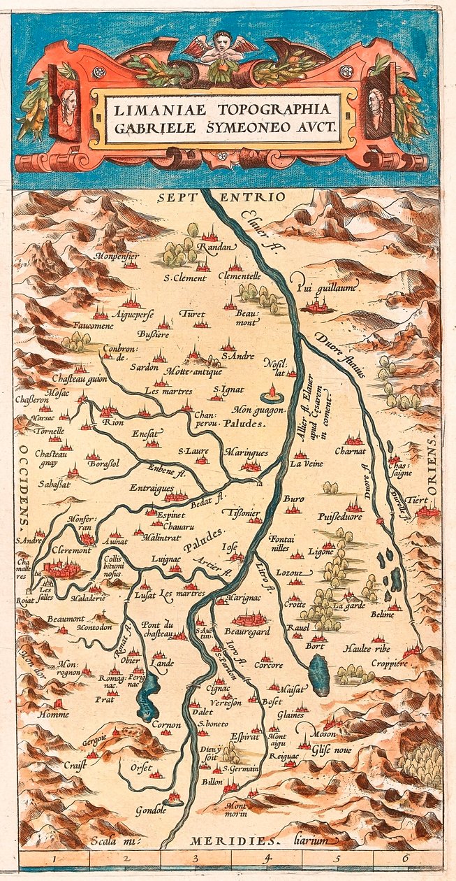 A Limaniae topográfiás Gabriele Symeoneo Avct Földrajzi térképe Loire területéről a folyót határos kastélyokkal és városokkal (Beaumont, Aigueperse, Clermont és Montferan (Montferrand), Beauregard, Cignac, Montaigu, Puy Guillaume...) a „Theatru”-ból alkotó: Abraham Ortelius