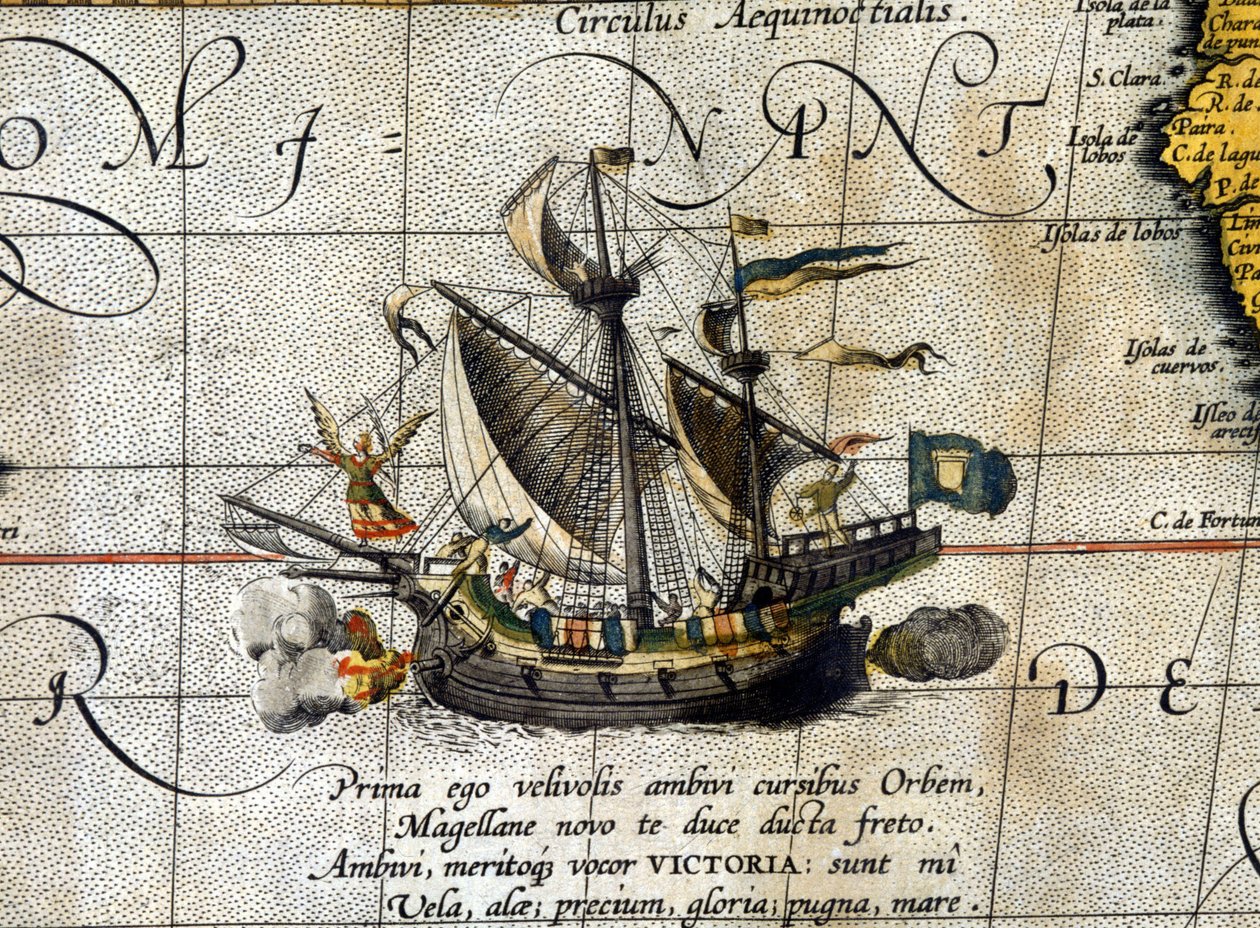 Magellán „Viktória” csónakja, amely átutazott a Csendes-óceánon, amelyet Abrahm Ortelius holland atlasza (1580) képvisel. alkotó: Abraham Ortelius