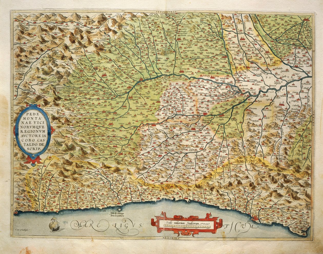 Piemont régió térképe, Olaszország, a Theatrum Orbis Terrarumból, Abraham Ortelius alkotó: Abraham Ortelius