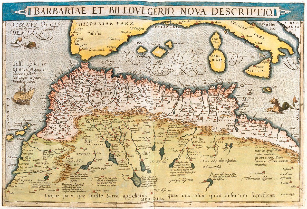 Marokkó, Algéria, Tunézia, Nyugat-Líbia, Nyugat-Szahara, Mauritánia, Szenegál, Mali, Niger. alkotó: Abraham Ortelius