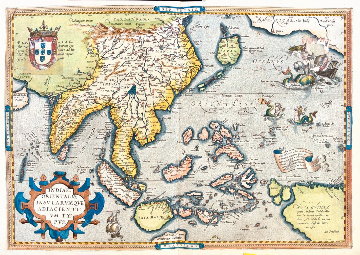 Pakisztán, India, Srí Lanka, Nepál, Bhután, Banglades, Dél-Kína, Burma, Thaiföld, Laosz, Vietnam, Kambodzsa, Malajzia, Brunei, Indonézia, Fülöp-szigetek, Tajvan, Dél-Japán, Dél-Japán. alkotó: Abraham Ortelius