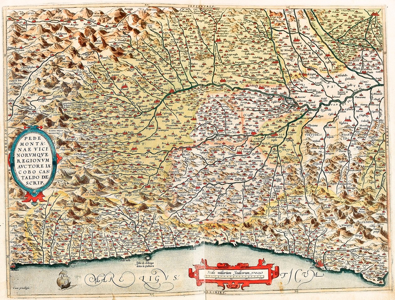 Piemontese és Vicino régiói Olaszország területének földrajzi térképe a franciaországi Monacótól a Genes-ig, valamint Imperia de Savona és Genova tartományokon áthaladva a "Theatrum Orbis Terrarum"-tól, Abraham Orteliustól ( alkotó: Abraham Ortelius