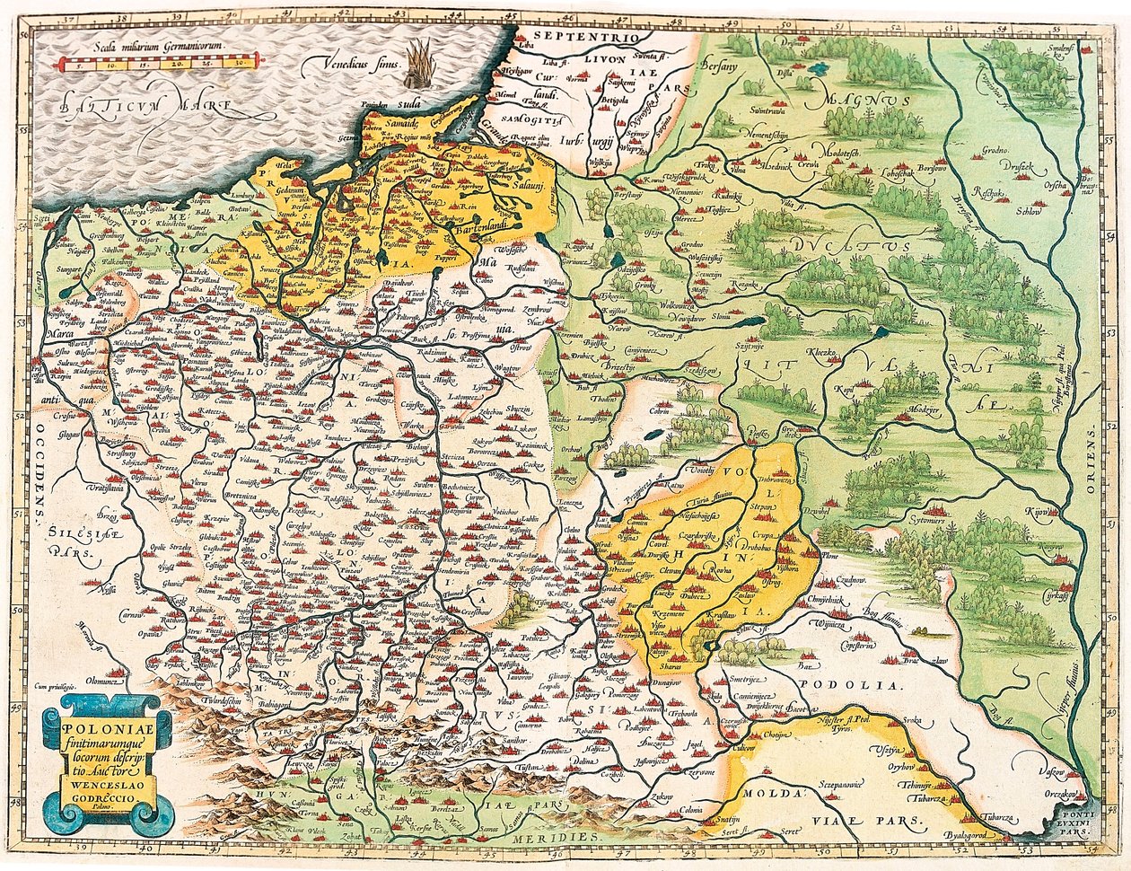 Lengyelország és szomszédos helyeinek leírása. Lengyelország földrajzi térképe Abraham Ortelius (Oertel, Ortell vagy Ortel) "Theatrum Orbis Terrarum"-ból alkotó: Abraham Ortelius