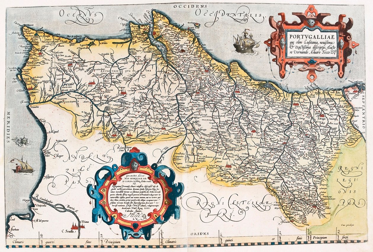 Portugália területének portugál földrajzi térképe Abraham Ortelius (Oertel, Ortell vagy Ortel) "Theatrum Orbis Terrarum"-ból alkotó: Abraham Ortelius