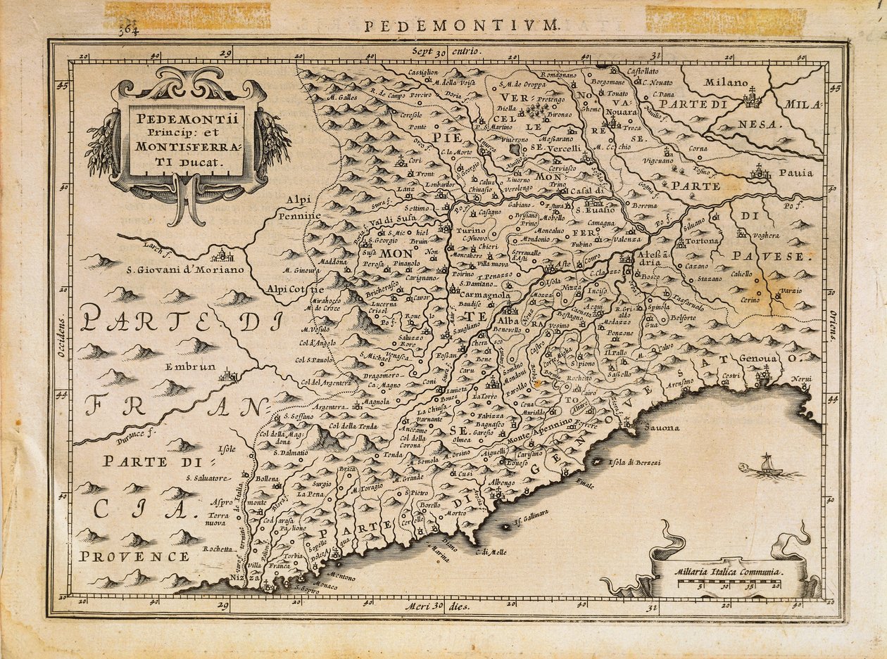 Piemonti Hercegség, Monferrato Hercegség, Nyugat-Liguria és Kelet-Liguria Régió egy része, A Theatrum Orbis Terrarumból, Abraham Ortelius alkotó: Abraham Ortelius