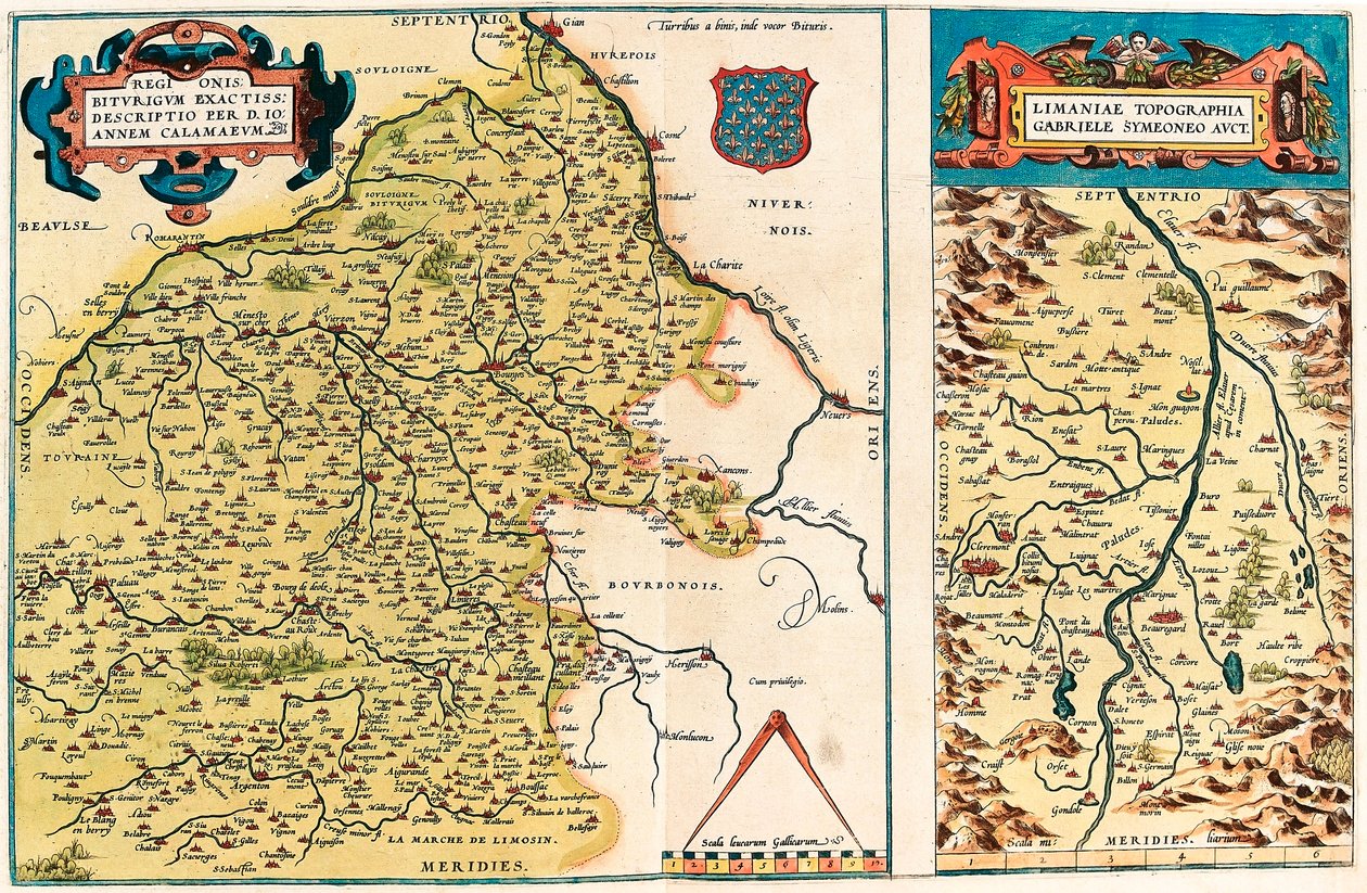 Bourges területének és a galliai központ régiójának földrajzi térképe (Franciaország) Abraham Ortelius (Oertel, Ortell vagy Ortel) "Theatrum Orbis Terrarum"-ból alkotó: Abraham Ortelius