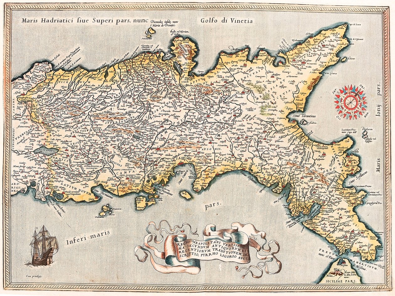 A nápolyiak uralkodásának legpontosabb leírása a régiek és a modernek hagyománya szerint Pyrrhus Ligorius aucttól. Az olaszországi Nápolyi Királyság területének földrajzi térképe Abraham Ortelius (Oertel, Ortell vagy Ortel) "Theatrum Orbis Terrarum"-ból alkotó: Abraham Ortelius