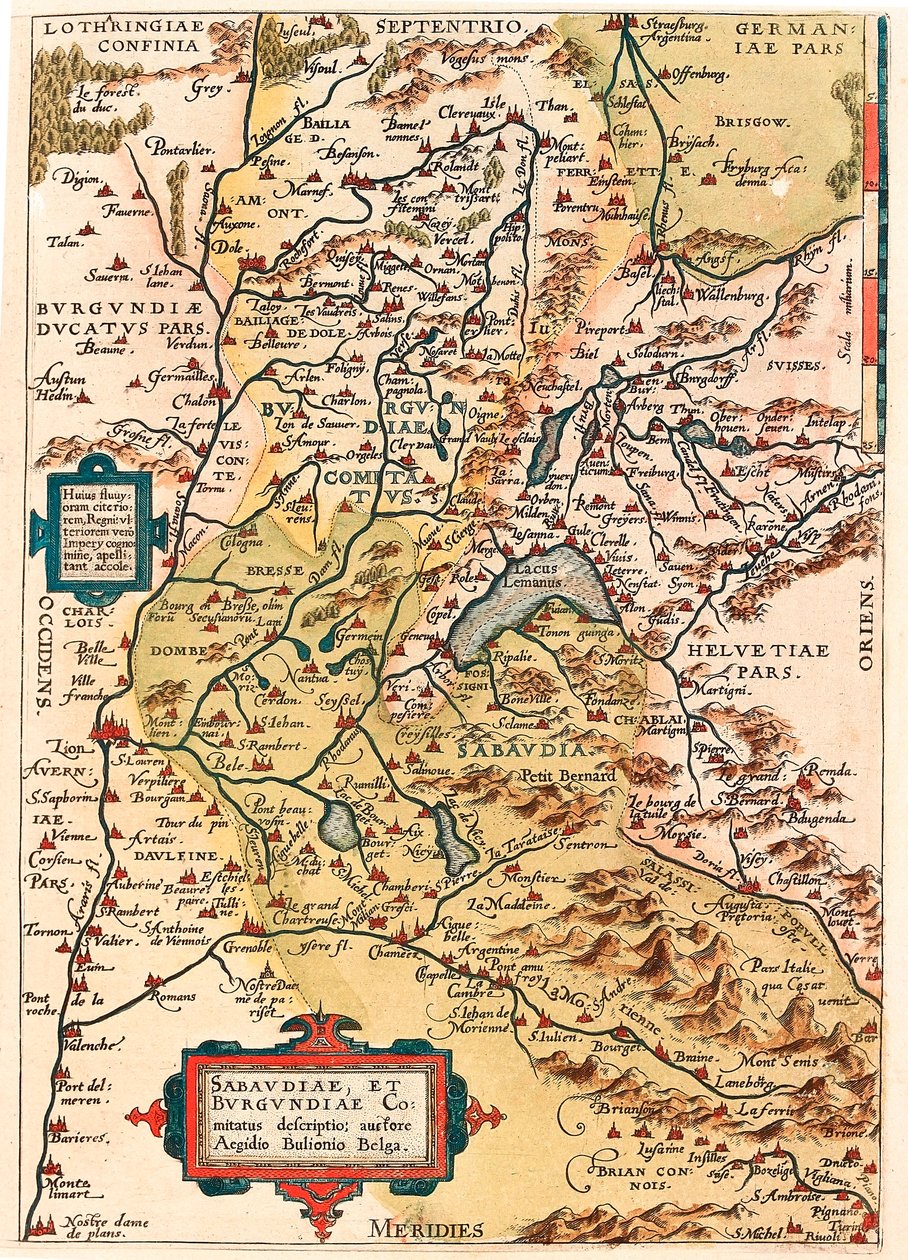Savoya és Burgundia leírása Burgundia és Savoya (Pontarlier, Dijon, Lac Leman és Svájc) földrajzi térképe Abraham Ortelius (Oertel, Ortell vagy Ortel) "Theatrum Orbis Terrarum"-jából alkotó: Abraham Ortelius