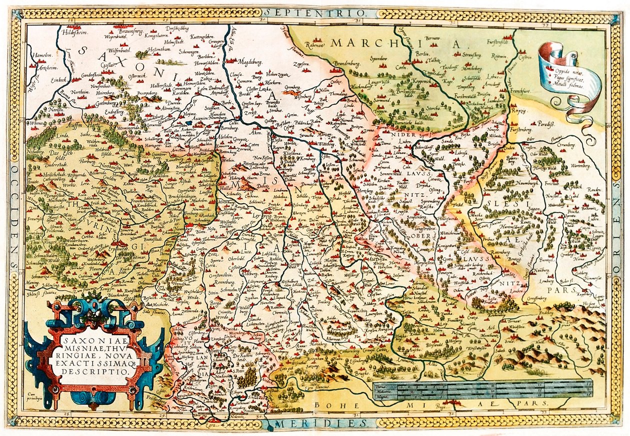 Szászország, Türingia területének térképe Abraham Ortelius (Oertel, Ortell vagy Ortel) "Theatrum Orbis Terrarum"-ból alkotó: Abraham Ortelius