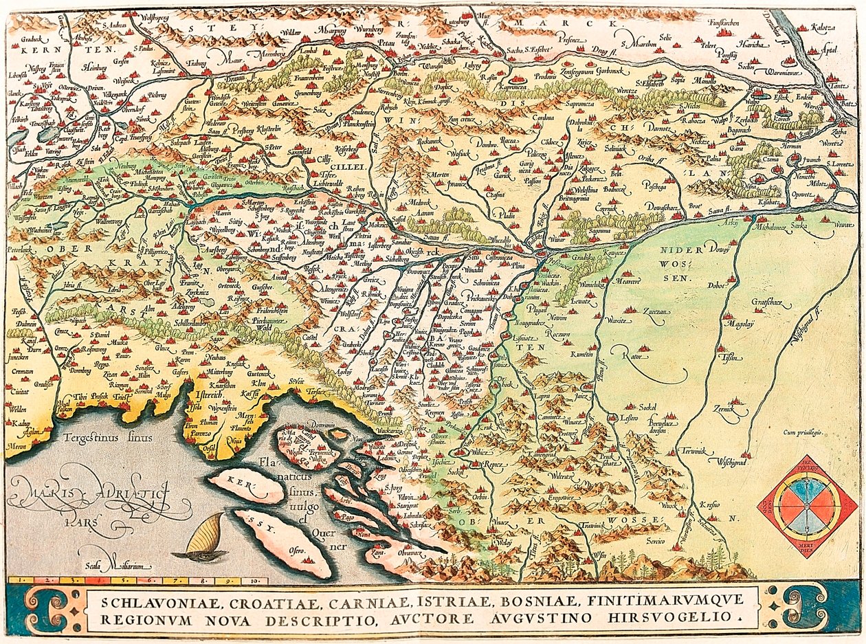 Schlavoniae, Horvátország, Carniae, Isztria, Bosznia, Bordereum Regionum Nova Descriptio, Authore Augustino Hirsuogelio Szlavónia, Horvátország, Bosznia és Dalmácia területeinek földrajzi térképe Abraham Ortelius "Theatrum Orbis Terrarum"-ból alkotó: Abraham Ortelius