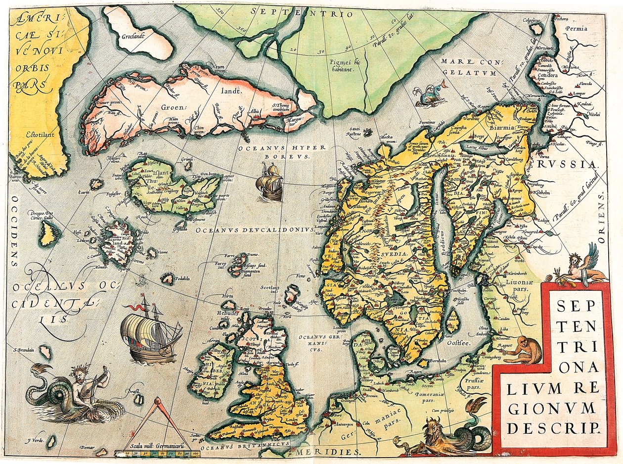 Leírás. Skandinávia és Észak-Európa földrajzi térképe Abraham Ortelius (Oertel, Ortell vagy Ortel) Theatrum Orbis Terrarumból alkotó: Abraham Ortelius