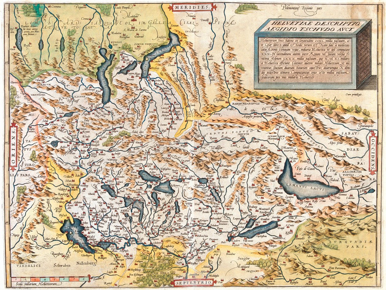 Svájc, Németország (tartomány: Baden-Württemberg, Bajorország), Ausztria (tartomány: Voralberg), Liechtenstein, Olaszország (régió: Trentino-Alto Adige, Lombardia, Piemont, Aosta-völgy), Franciaország (régió: Franche-Comté, Rhône-Alpes, Alsace), alkotó: Abraham Ortelius