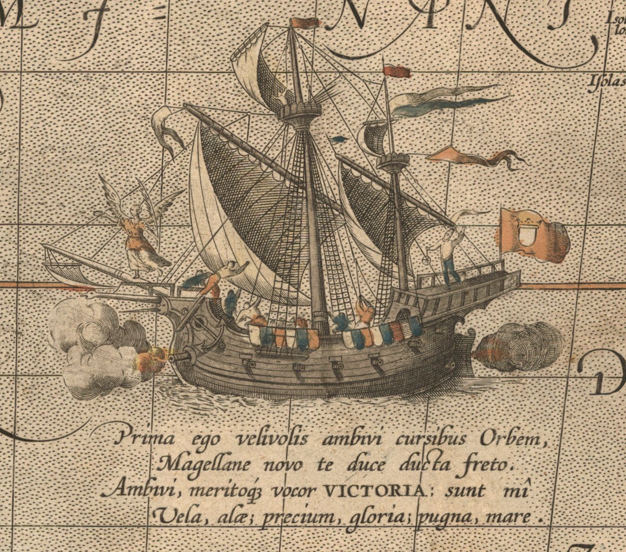 A Victoria, egy spanyol carrack, Ferdinand Magellans Armada de Molucca hajója. Aus Maris Pacific alkotó: Abraham Ortelius