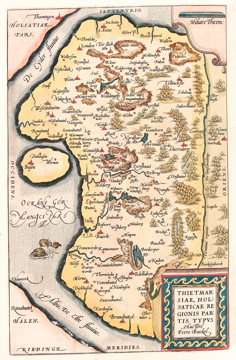 Thietmarsiae, Holsaticae regionális pártok typus Észak-Németország földrajzi térképe Kuden városával, amelyet Abraham Ortelius (Oertel, Ortell vagy Ortel) "Theatrum Orbis Terrarum"-jából vett. alkotó: Abraham Ortelius