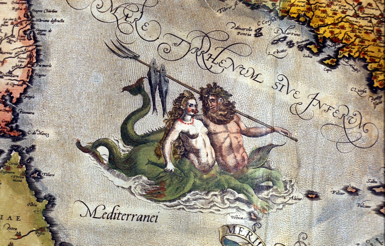 Triton és sziréna a Földközi-tengeren. "Theatrum Orbis Terrarum", Abraham Ortelius, Antwerpen 1584 alkotó: Abraham Ortelius