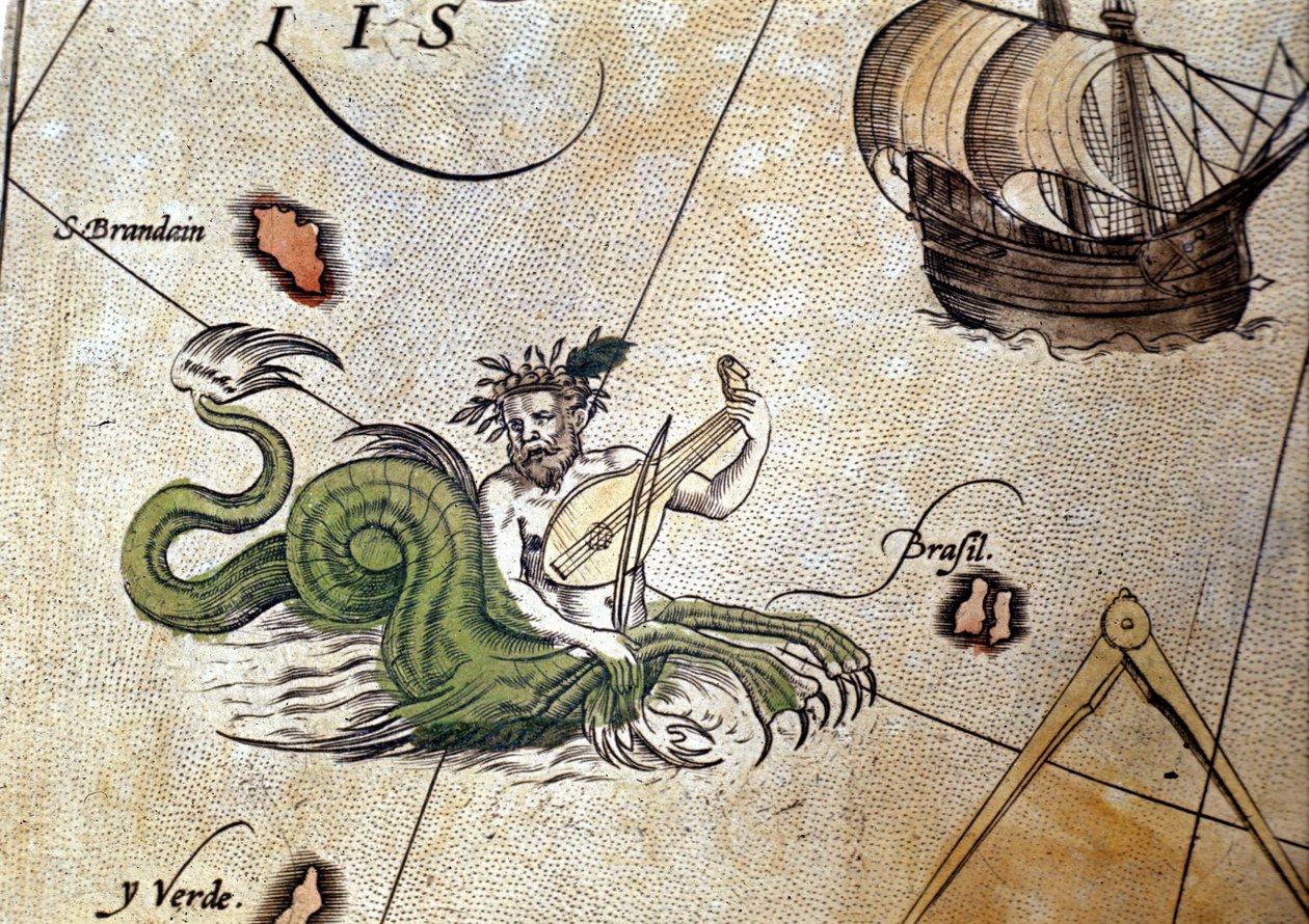 Triton lantot játszik Saint Brendan (Brendan) szigete közelében. "Theatrum Orbis Terrarum", Abraham Ortelius, Antwerpen 1584 alkotó: Abraham Ortelius