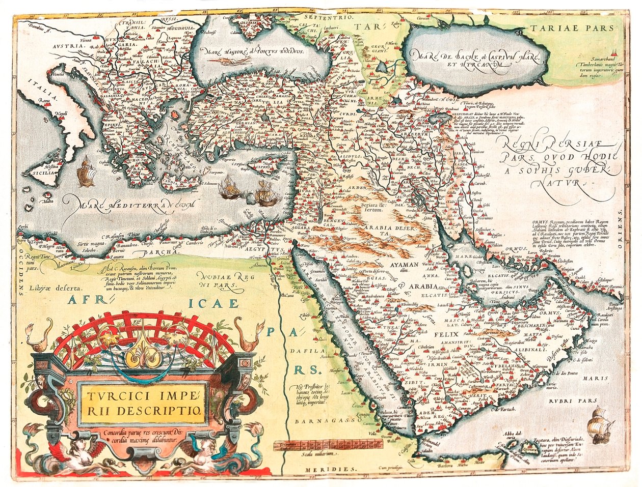 Az Oszmán Birodalom területének Török Birodalom földrajzi térképének leírása Abraham Ortelius "Theatrum of the World"-ből (Oertel, Ortell vagy Ortel) alkotó: Abraham Ortelius
