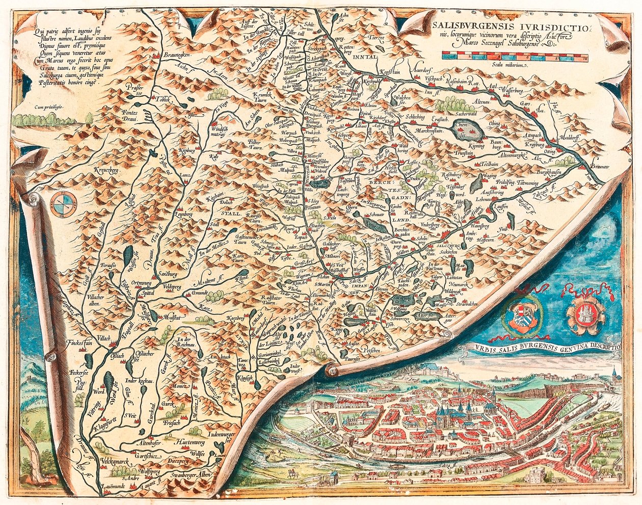 Salzburg városának eredeti leírása Salsburg területének földrajzi térképe Ausztriában, Abraham Ortelius (Oertel, Ortell vagy Ortel) "Theatrum Orbis Terrarum"-jából alkotó: Abraham Ortelius