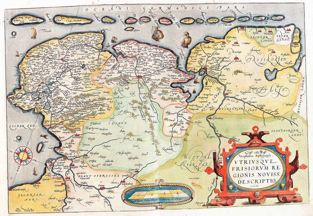 Mindkettő a Frisii, az új kerületből. Leírás Hollandia területének földrajzi térképe Groningen (Groeningen) és Leeuwarden városokkal... Abraham Ortelius (Oertel, Ortell vagy Ortel) "Theatrum Orbis Terrarum"-jából alkotó: Abraham Ortelius
