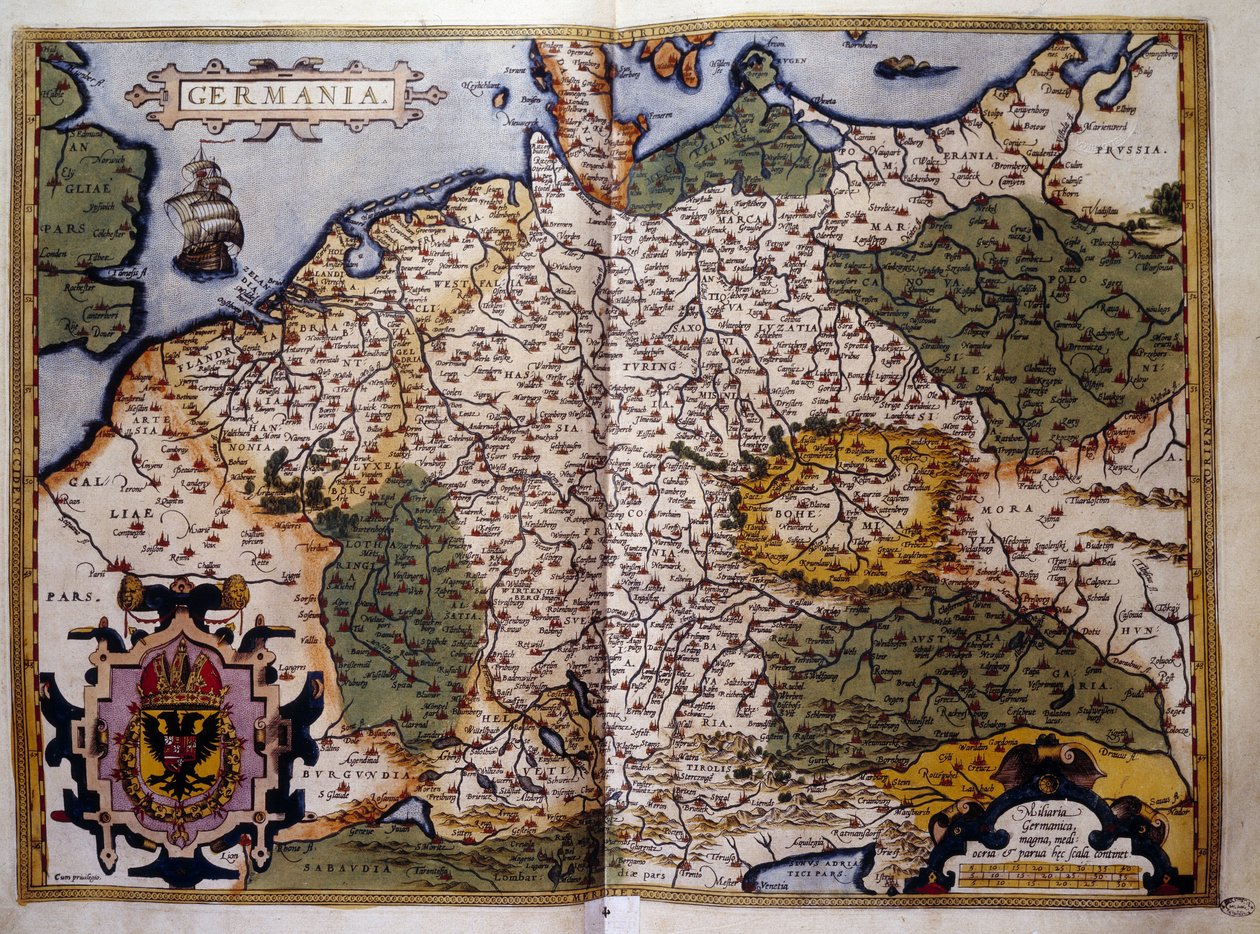 Poroszország kilátása. Tányér Abraham Ortelius (1527-1598) térképész "Theatrum Orbis Terrarum" kiadásából alkotó: Abraham Ortelius